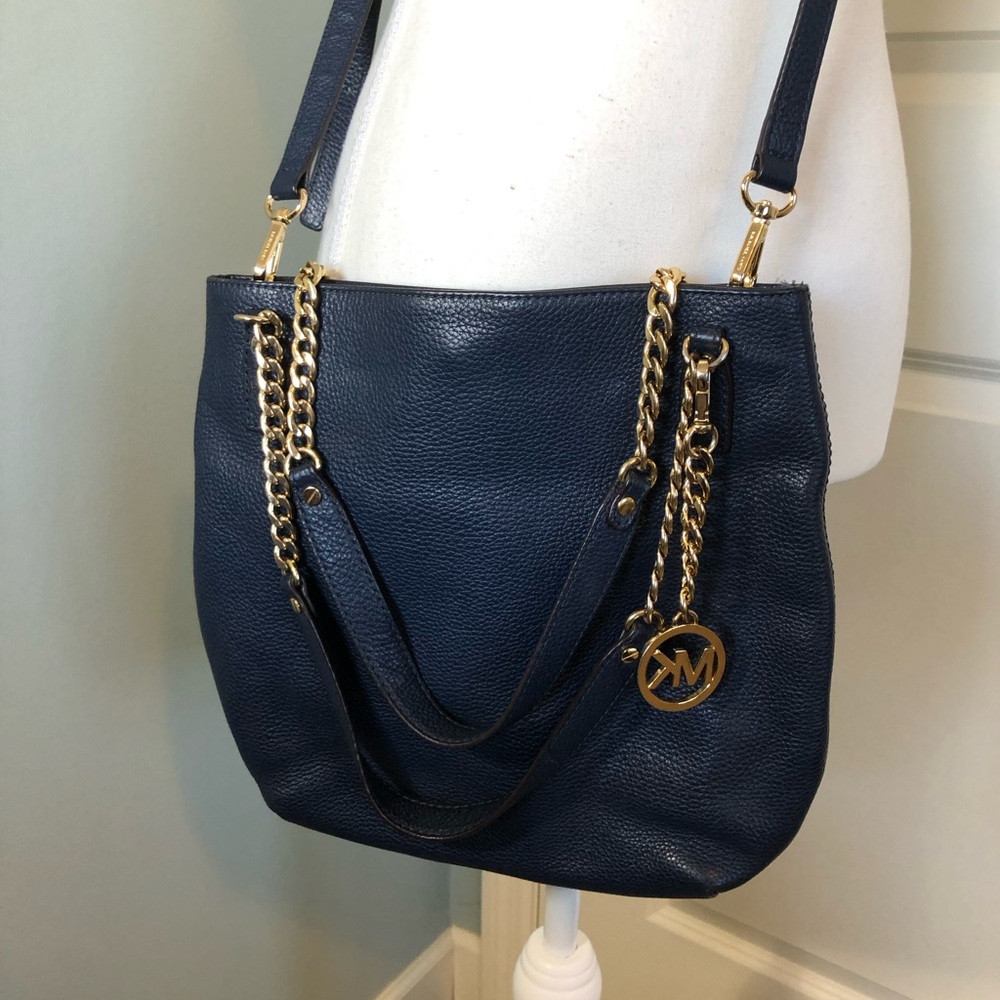 Michael Kors Navy Pebbled Leather Chain Strap Tote.